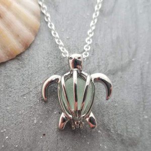 Hawaiian Green Sea Turtle Wish Locket Sea Glass Necklace Women Jewelry Gift